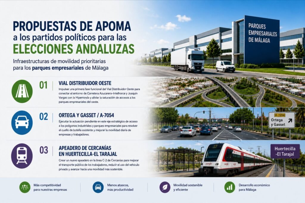 Infografía de las propuestas de movilidad de APOMA: Vial Distribuidor Oeste, Ortega y Gasset y nuevo apeadero de Cercanías
