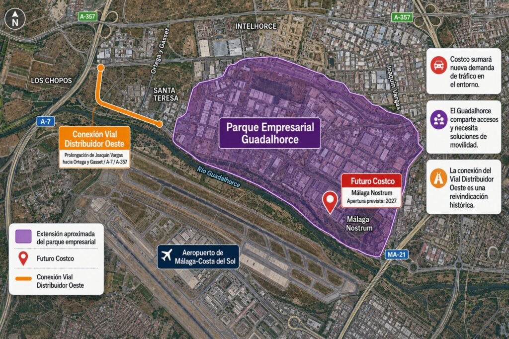 Plano de situación del Parque Empresarial Guadalhorce, el futuro Costco y la conexión del Vial Distribuidor Oeste