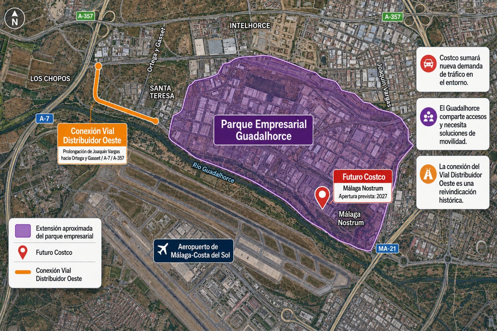 Plano de situación del Parque Empresarial Guadalhorce, el futuro Costco y la conexión del Vial Distribuidor Oeste