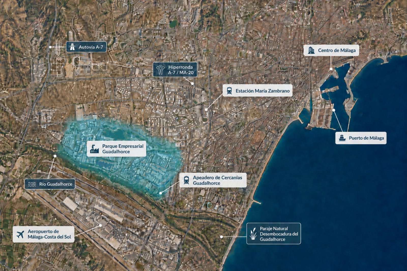 Mapa de ubicación del Parque Empresarial Guadalhorce en Málaga, junto al aeropuerto, el río Guadalhorce y las principales conexiones viarias
