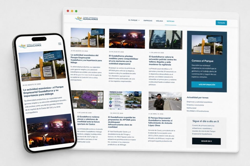 Sección de actualidad de la nueva web del Parque Empresarial Guadalhorce con noticias y contenidos informativos.