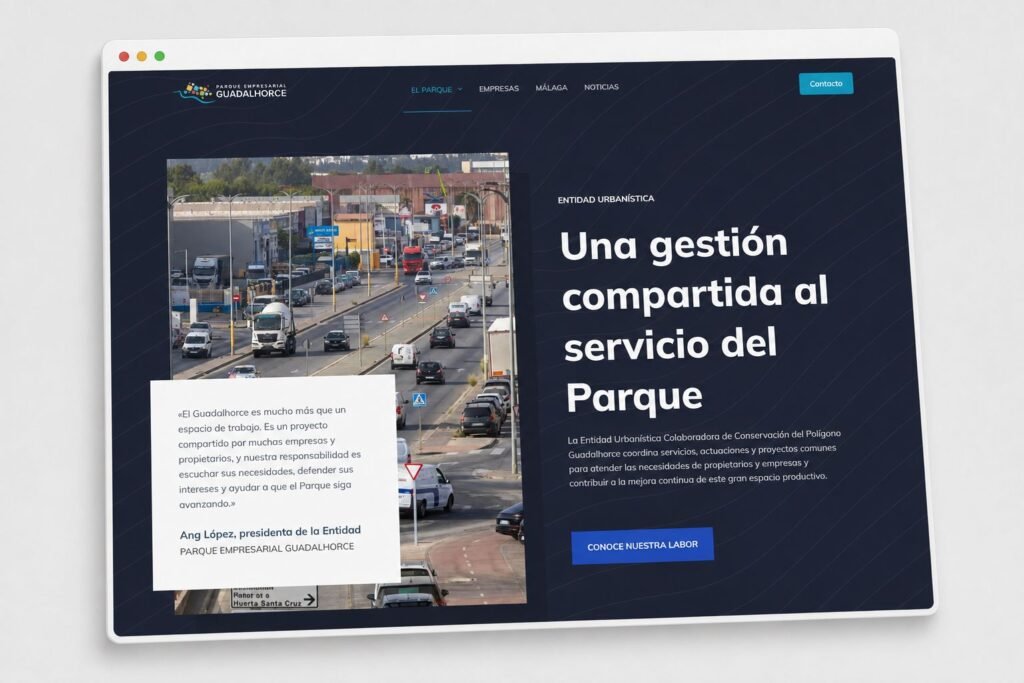 Nueva web del Parque Empresarial Guadalhorce con información sobre gestión, ubicación, empresas, actualidad y contacto.