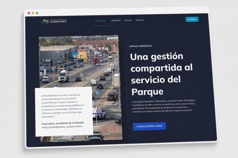 Nueva web del Parque Empresarial Guadalhorce con información sobre gestión, ubicación, empresas, actualidad y contacto.