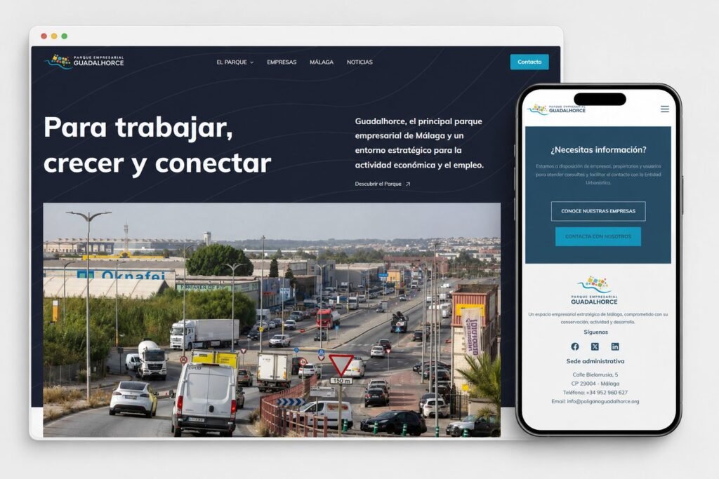 Diseño responsive de la nueva web del Parque Empresarial Guadalhorce adaptado a ordenador, tablet y móvil.