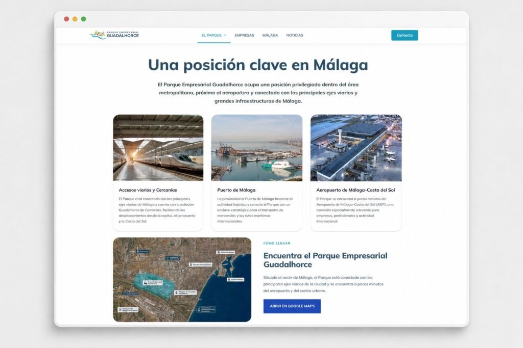 Nueva web del Parque Empresarial Guadalhorce con información sobre servicios, ubicación y actividad empresarial.